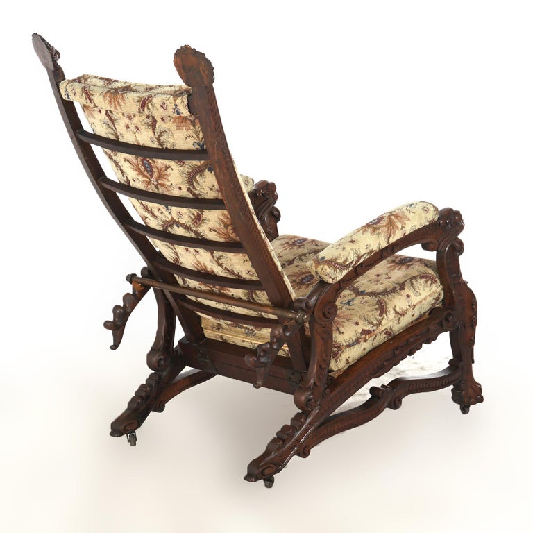 Antique Victorian Renaissance Revival Figural Carved Walnut Morris Chair C1890
