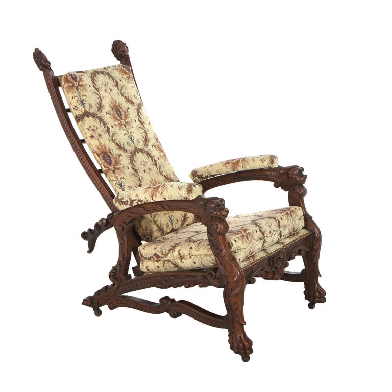 Antique Victorian Renaissance Revival Figural Carved Walnut Morris Chair C1890