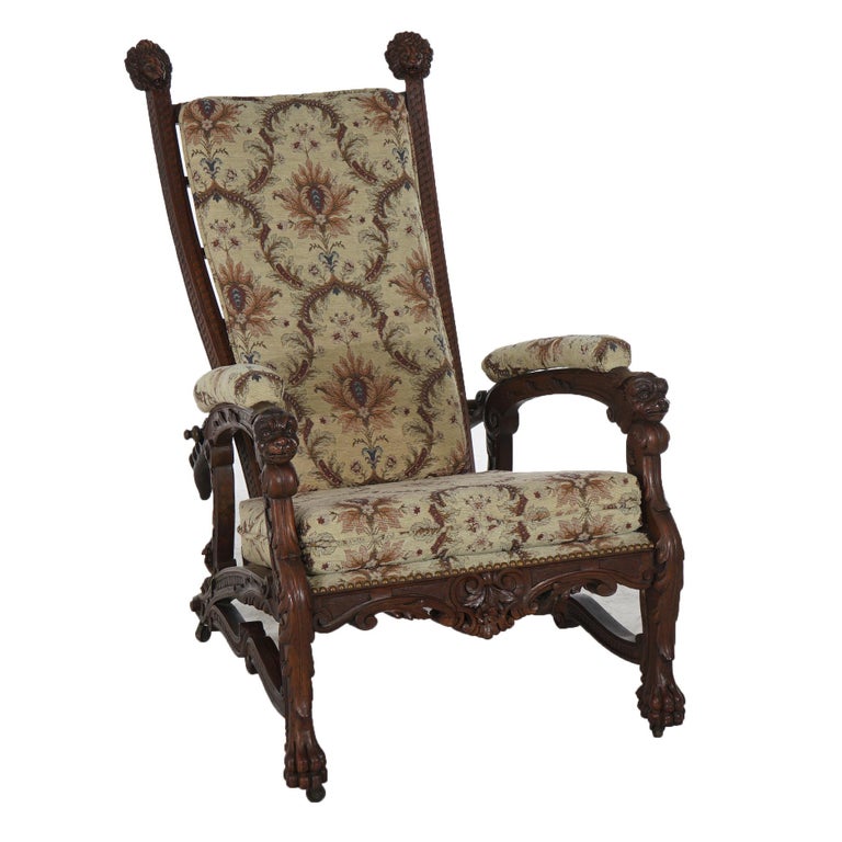 Antique Victorian Renaissance Revival Figural Carved Walnut Morris Chair C1890