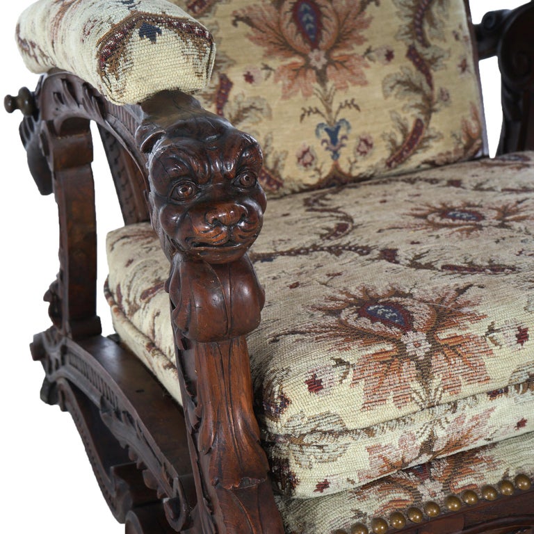 Antique Victorian Renaissance Revival Figural Carved Walnut Morris Chair C1890
