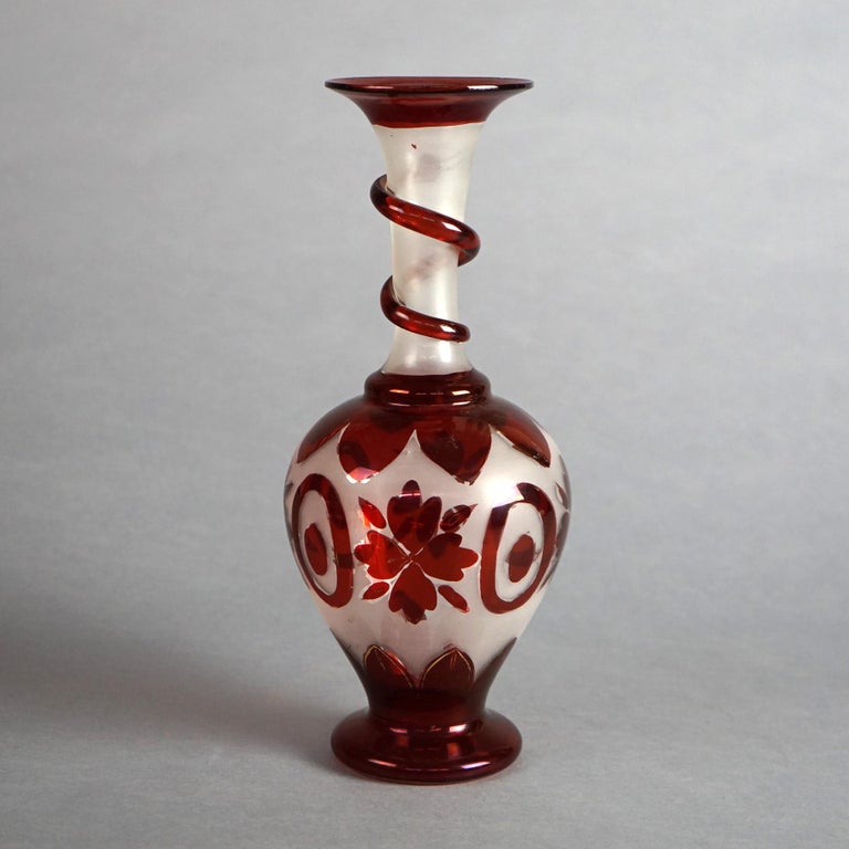Antique Bohemian Blown Glass Vase with Flowers & Applied Elements Circa 1900
