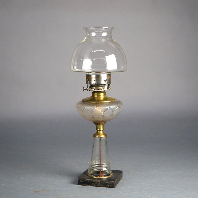 Antique Oil Lamp with Glass Base & Shade C1890