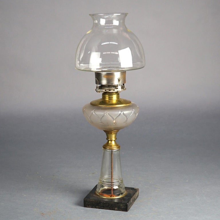 Antique Oil Lamp with Glass Base & Shade C1890