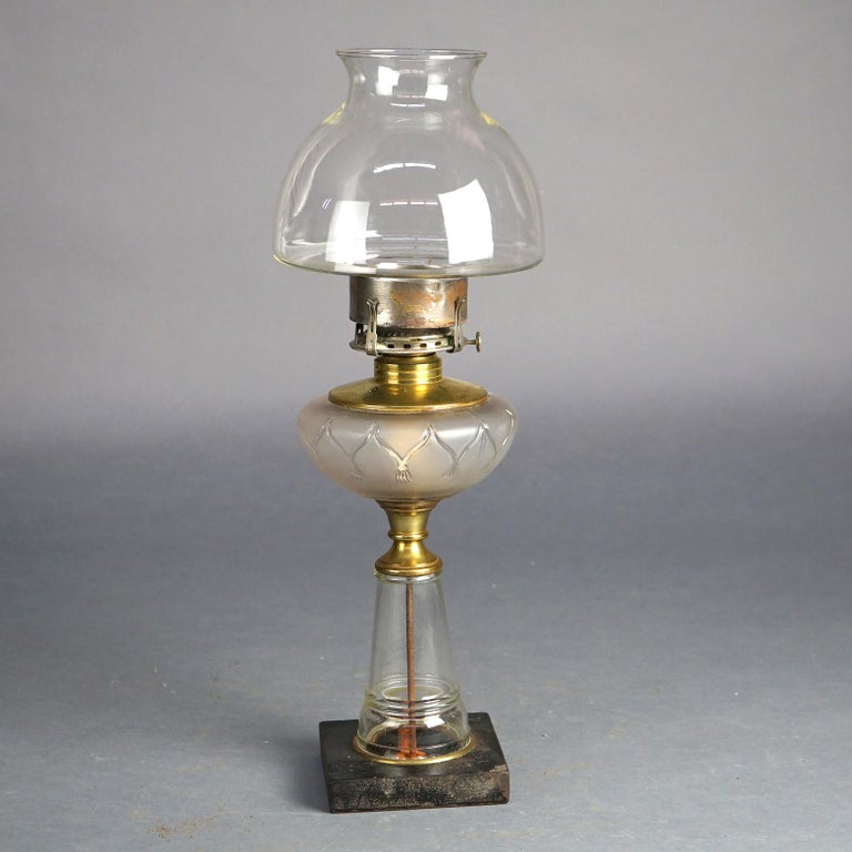 Antique Oil Lamp with Glass Base & Shade C1890