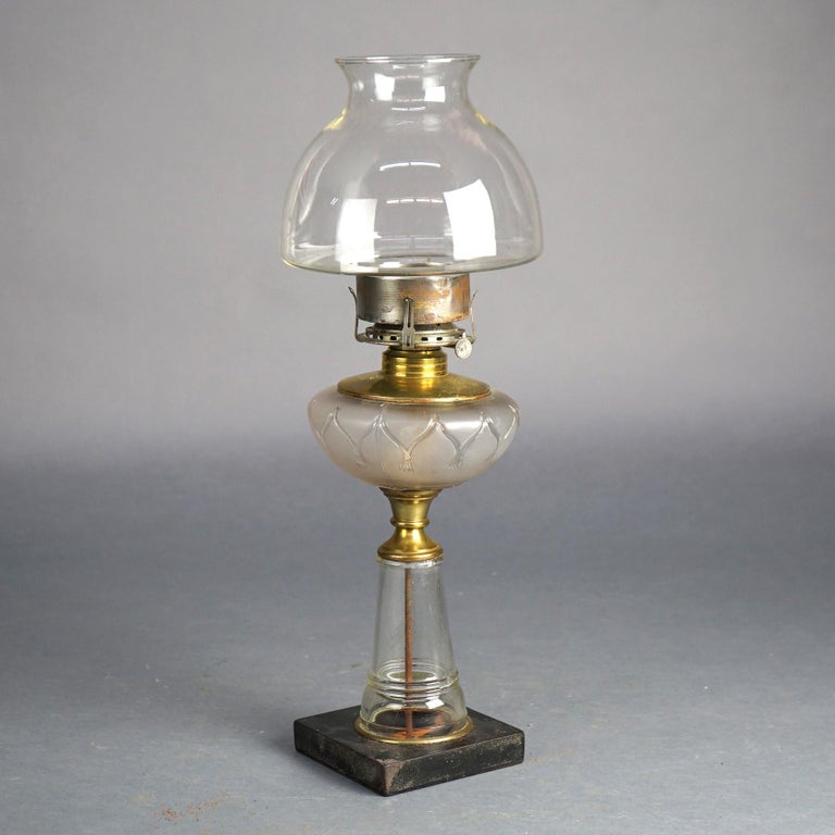 Antique Oil Lamp with Glass Base & Shade C1890