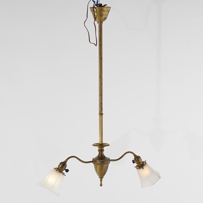 Antique Brass & Gilt Metal Two-Light Ceiling Fixture Circa 1920