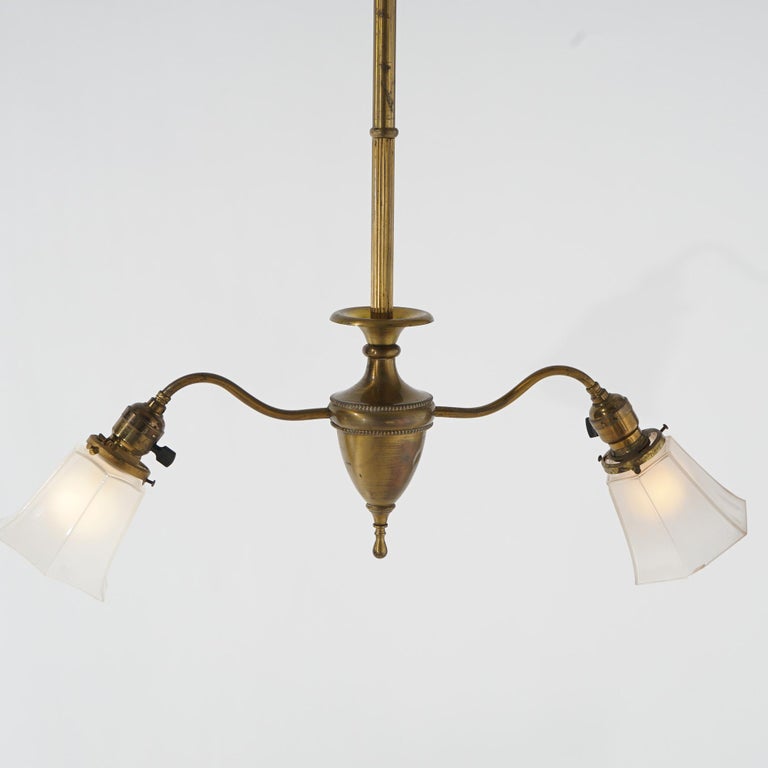 Antique Brass & Gilt Metal Two-Light Ceiling Fixture Circa 1920