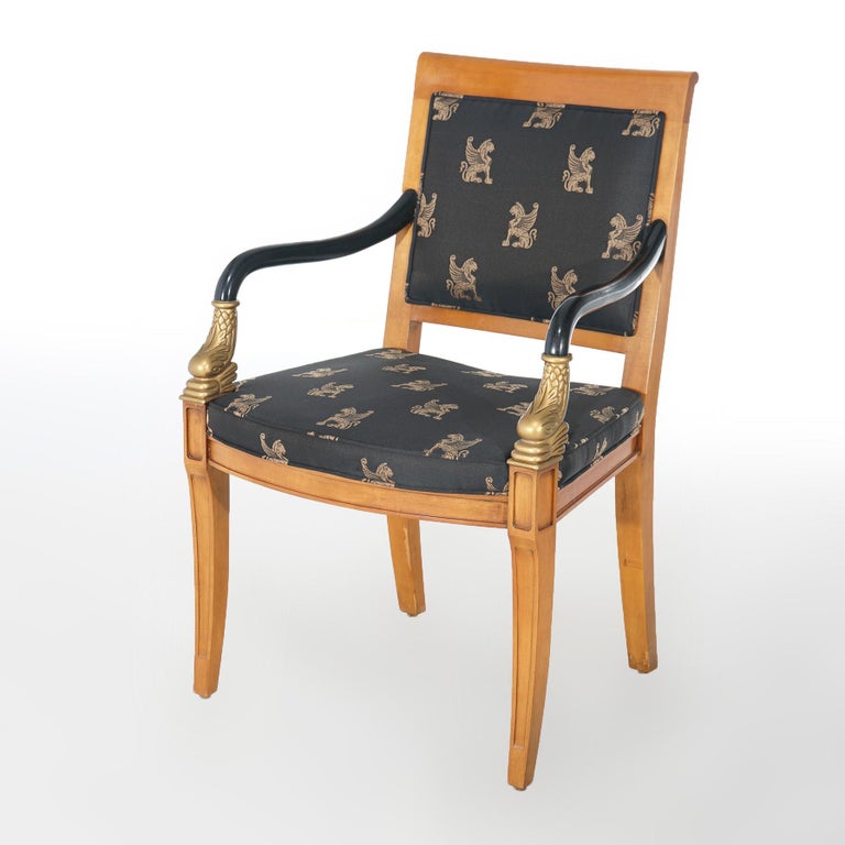 French Empire Figural Ebonized Giltwood Armchair with Dolphins by Century 20thC