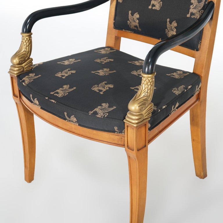 French Empire Figural Ebonized Giltwood Armchair with Dolphins by Century 20thC