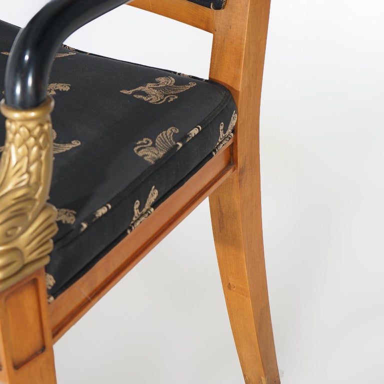 French Empire Figural Ebonized Giltwood Armchair with Dolphins by Century 20thC