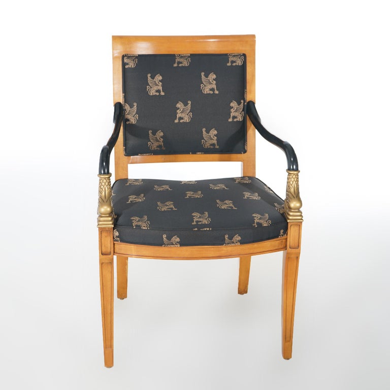 French Empire Figural Ebonized Giltwood Armchair with Dolphins by Century 20thC