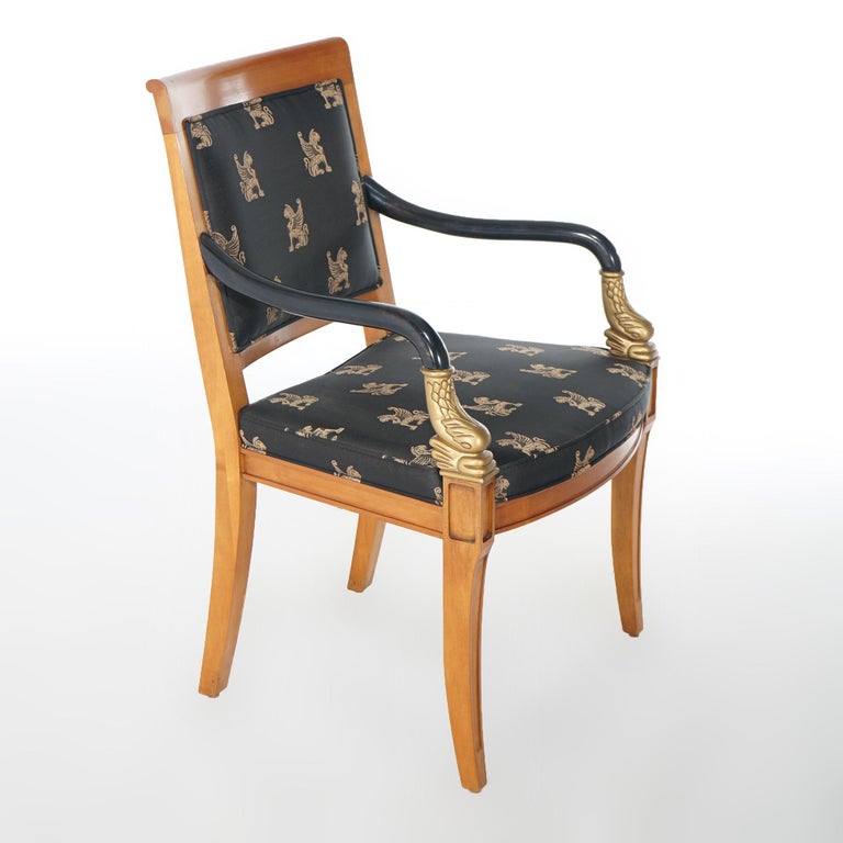 French Empire Figural Ebonized Giltwood Armchair with Dolphins by Century 20thC