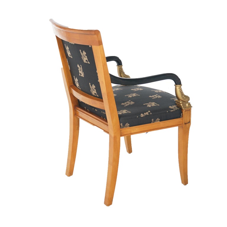 French Empire Figural Ebonized Giltwood Armchair with Dolphins by Century 20thC