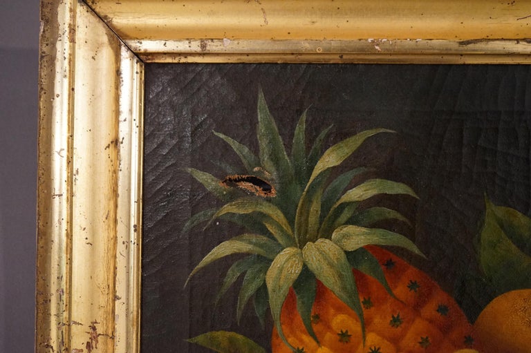 Antique Rosen School Folk Art Fruit Still Life Oil On Canvas Painting C1830