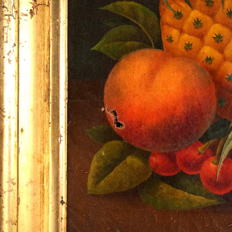 Antique Rosen School Folk Art Fruit Still Life Oil On Canvas Painting C1830
