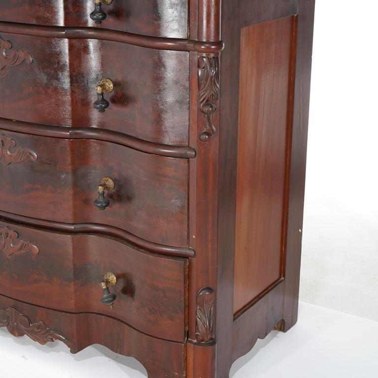 Antique Victorian Flame Mahogany Swell Front Mirrored Chest of Drawers c1860