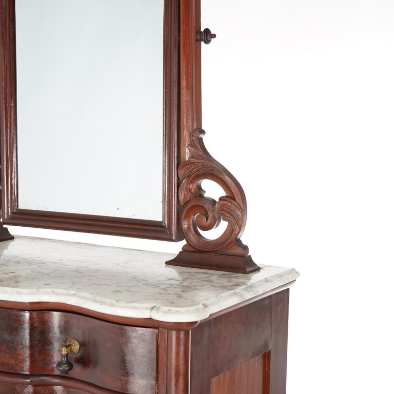 Antique Victorian Flame Mahogany Swell Front Mirrored Chest of Drawers c1860