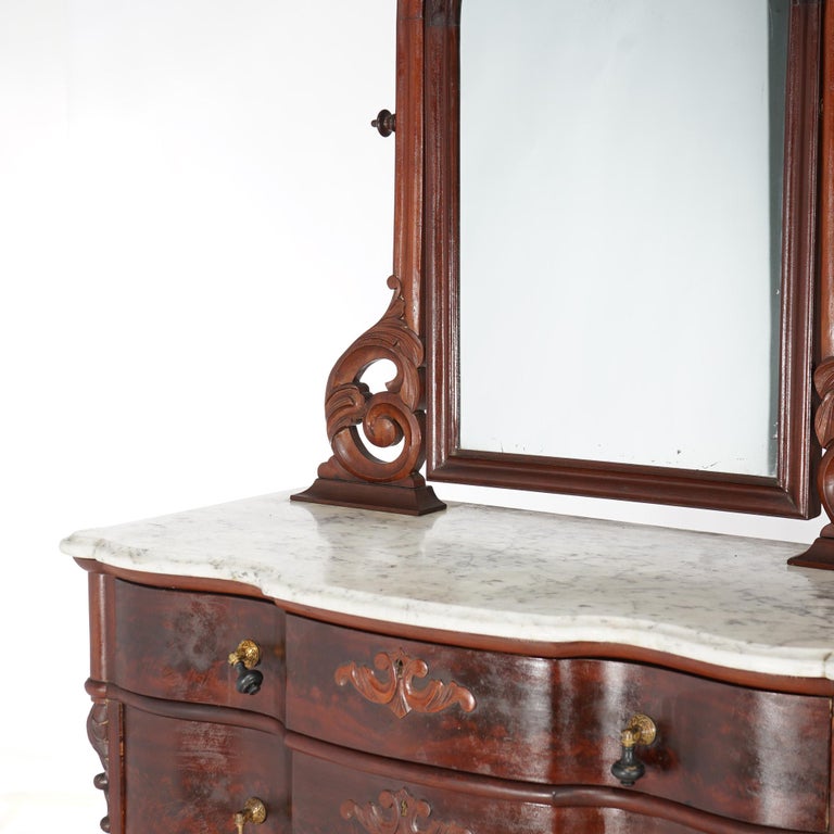 Antique Victorian Flame Mahogany Swell Front Mirrored Chest of Drawers c1860