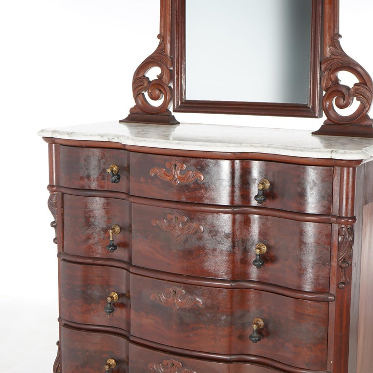 Antique Victorian Flame Mahogany Swell Front Mirrored Chest of Drawers c1860