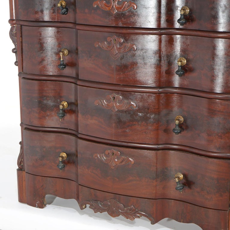 Antique Victorian Flame Mahogany Swell Front Mirrored Chest of Drawers c1860