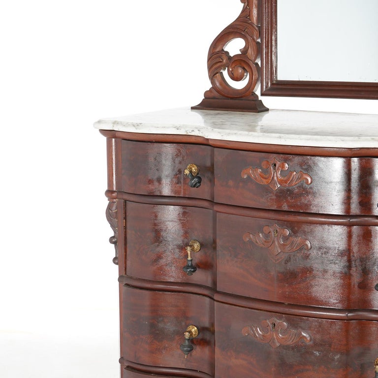 Antique Victorian Flame Mahogany Swell Front Mirrored Chest of Drawers c1860