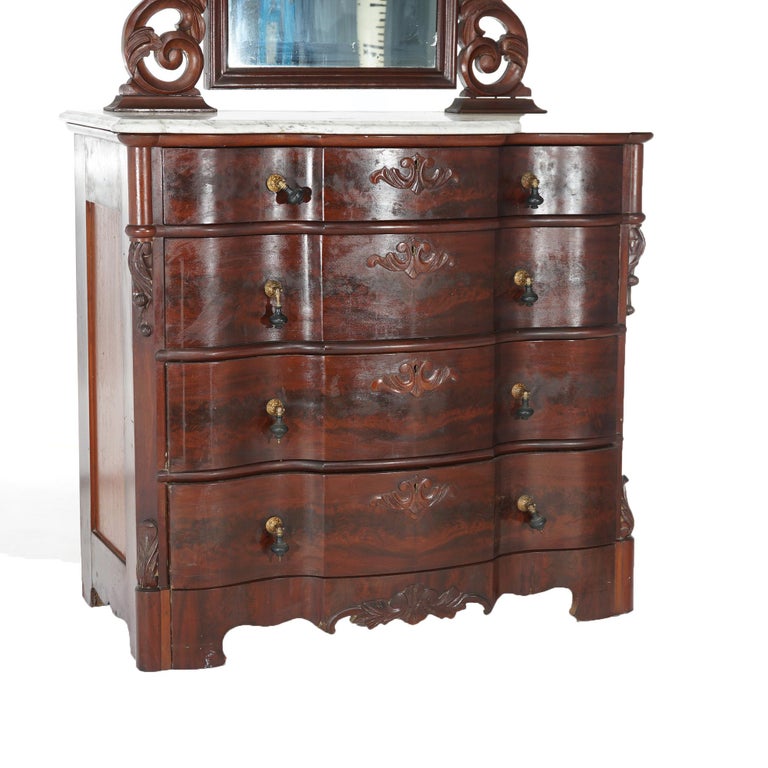 Antique Victorian Flame Mahogany Swell Front Mirrored Chest of Drawers c1860