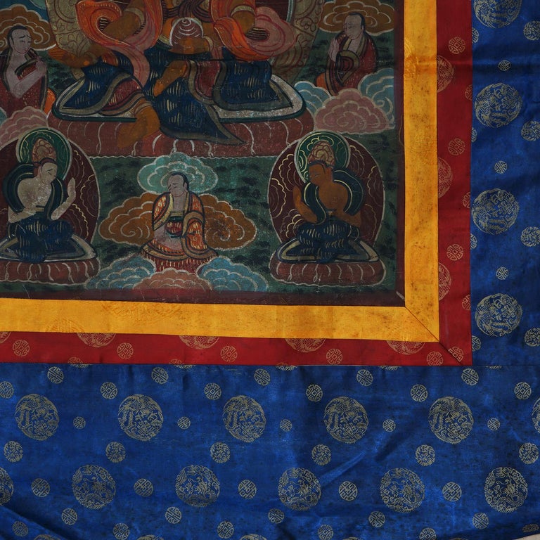 Antique Tibetan Hand Painted Silk and Canvas Thangka with Figures C1920