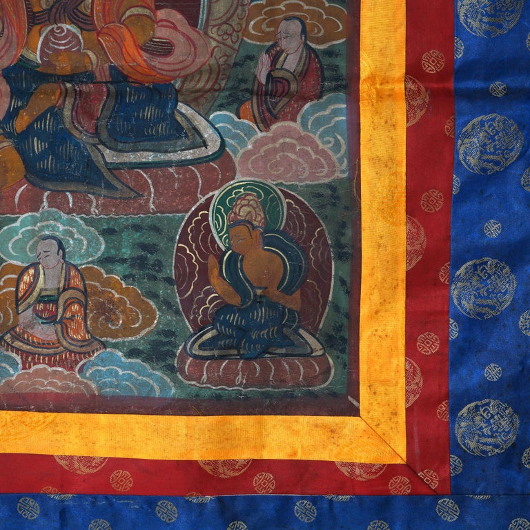 Antique Tibetan Hand Painted Silk and Canvas Thangka with Figures C1920
