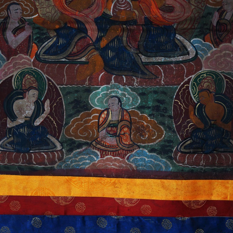 Antique Tibetan Hand Painted Silk and Canvas Thangka with Figures C1920