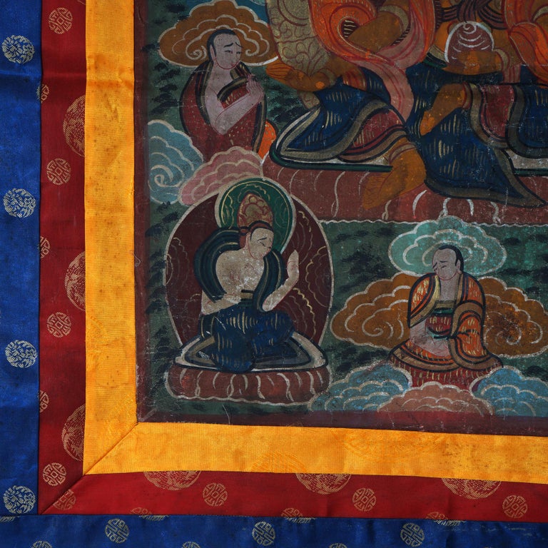 Antique Tibetan Hand Painted Silk and Canvas Thangka with Figures C1920