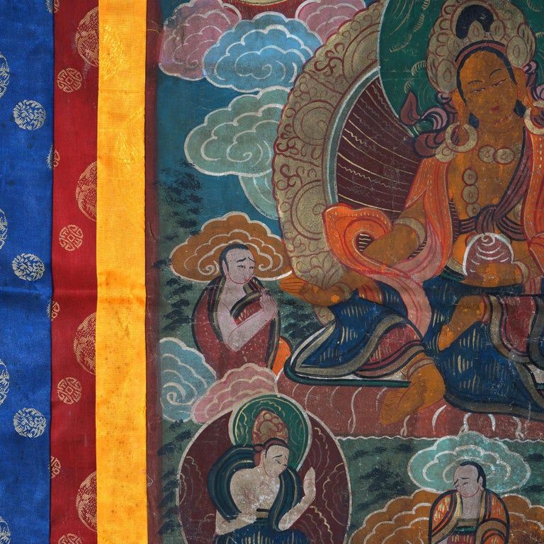 Antique Tibetan Hand Painted Silk and Canvas Thangka with Figures C1920