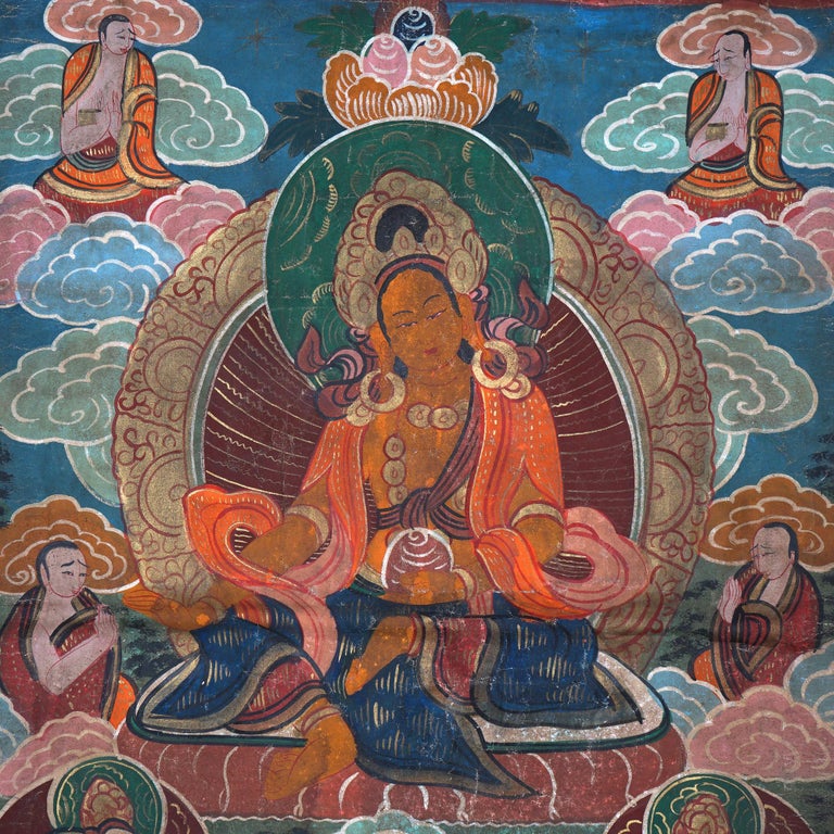 Antique Tibetan Hand Painted Silk and Canvas Thangka with Figures C1920