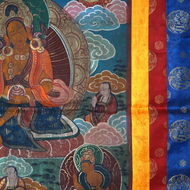 Antique Tibetan Hand Painted Silk and Canvas Thangka with Figures C1920