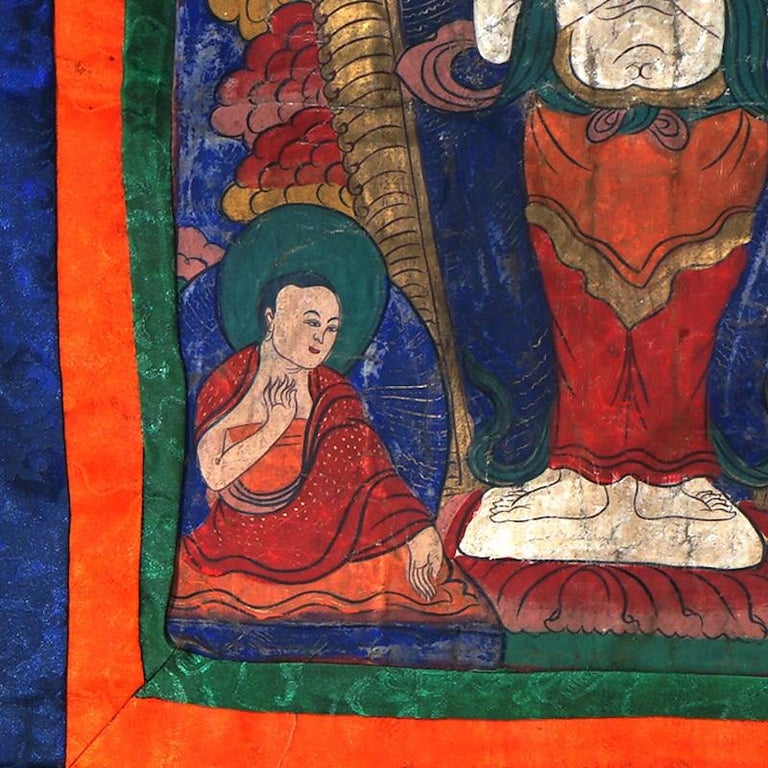 Antique Tibetan Hand Painted Silk and Canvas Thangka with Figures C1920