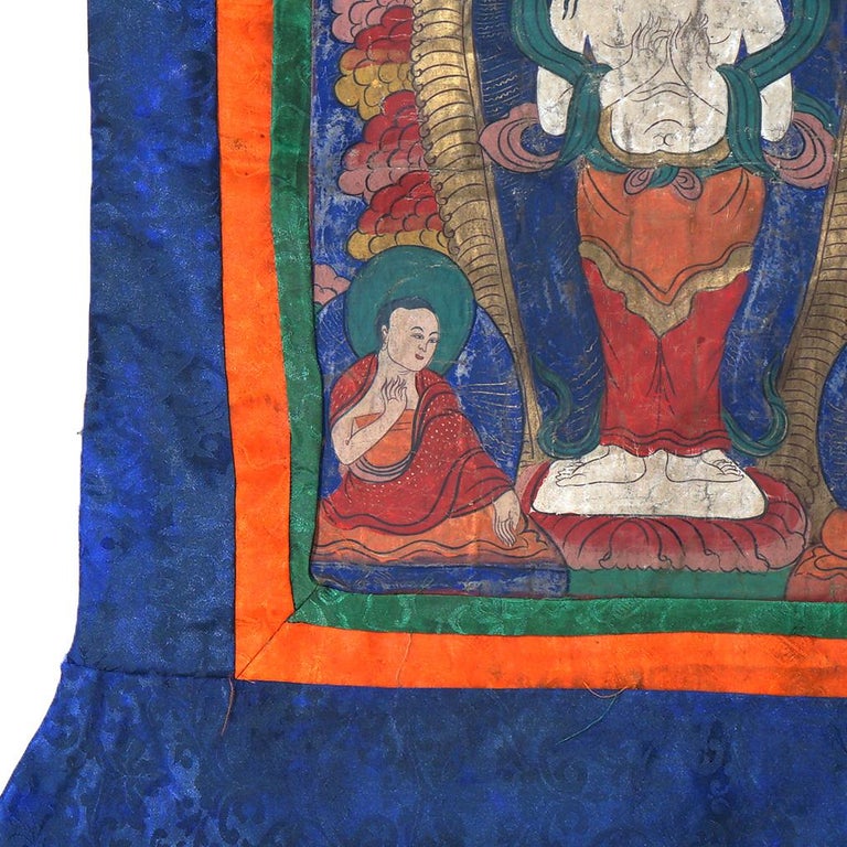 Antique Tibetan Hand Painted Silk and Canvas Thangka with Figures C1920