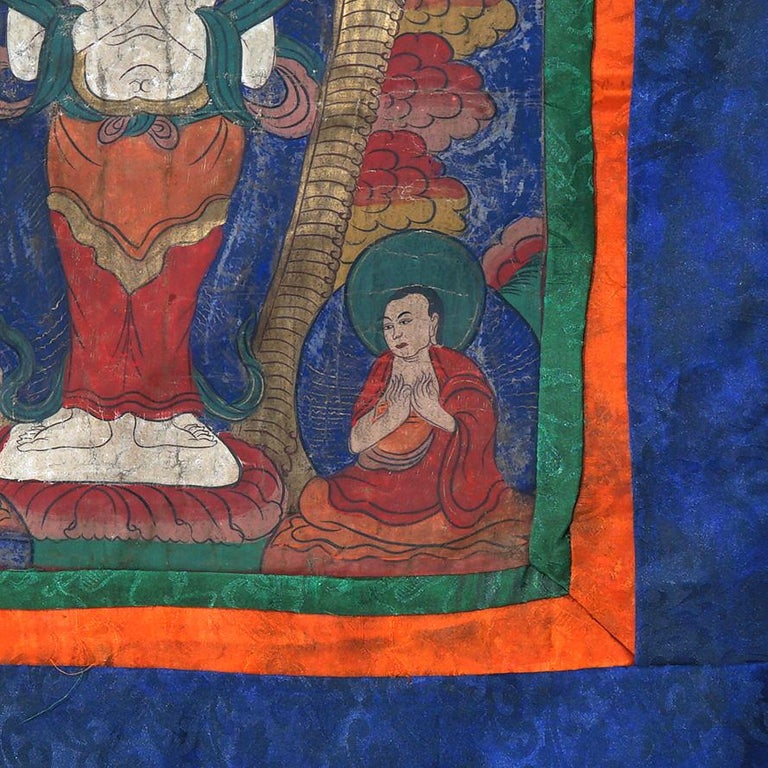 Antique Tibetan Hand Painted Silk and Canvas Thangka with Figures C1920