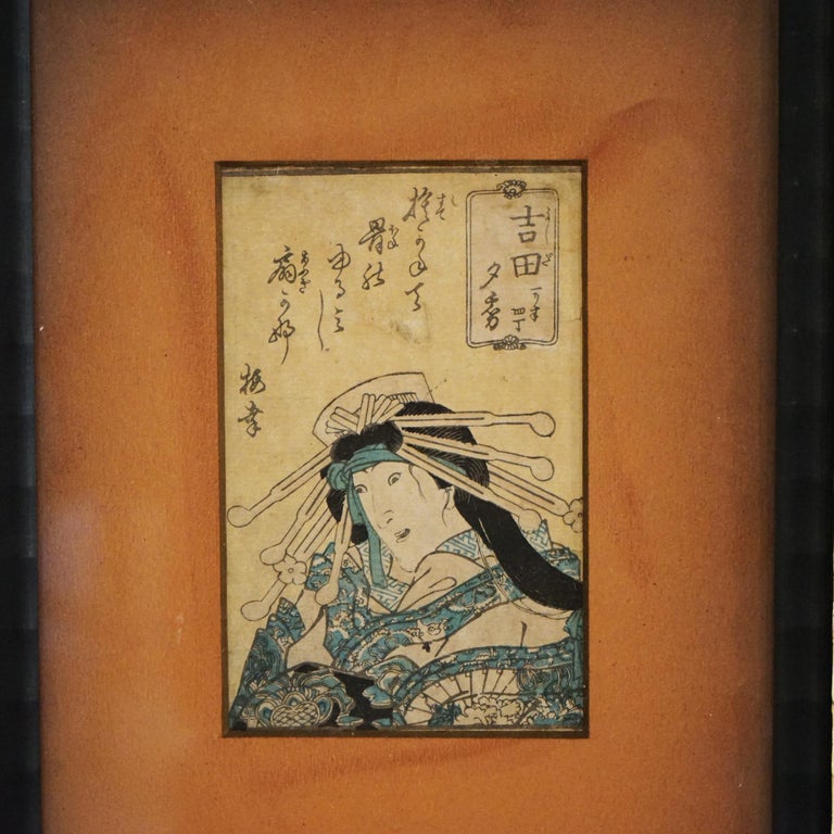 Antique Japanese Woodblock Print of Portrait by Kunisada, Framed, C1920