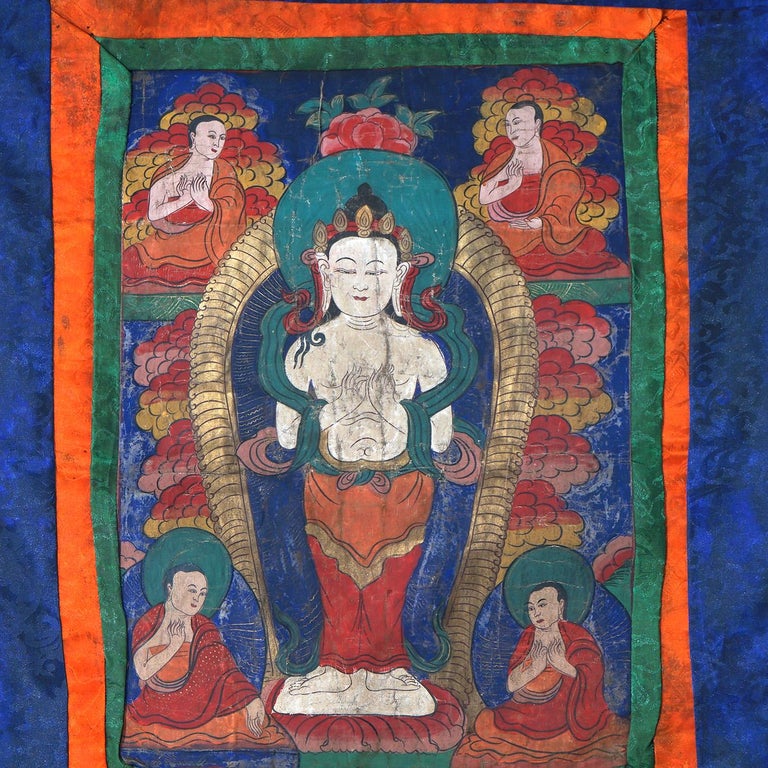 Antique Tibetan Hand Painted Silk and Canvas Thangka with Figures C1920