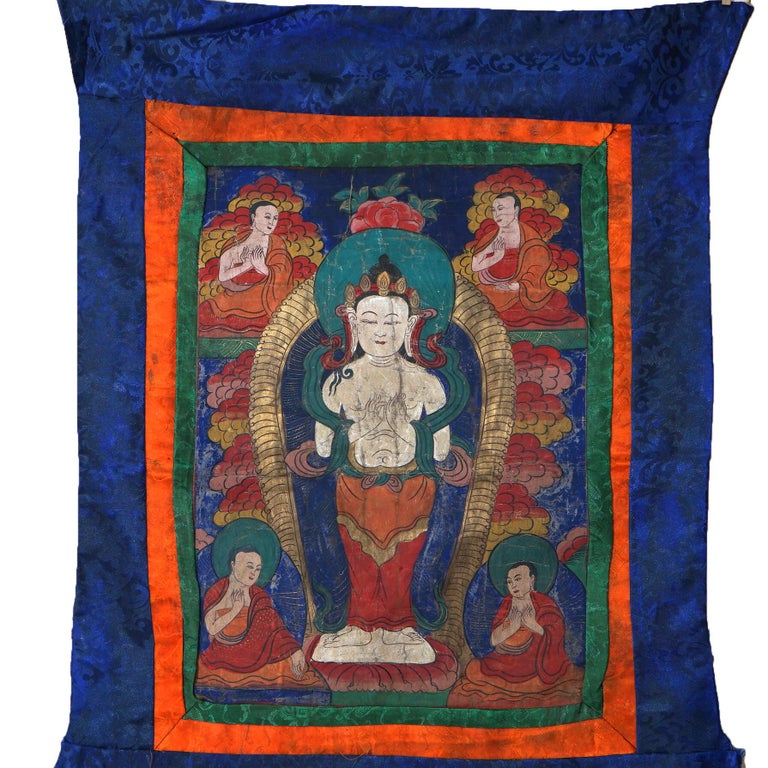 Antique Tibetan Hand Painted Silk and Canvas Thangka with Figures C1920