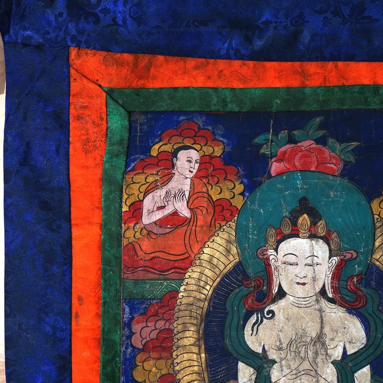 Antique Tibetan Hand Painted Silk and Canvas Thangka with Figures C1920