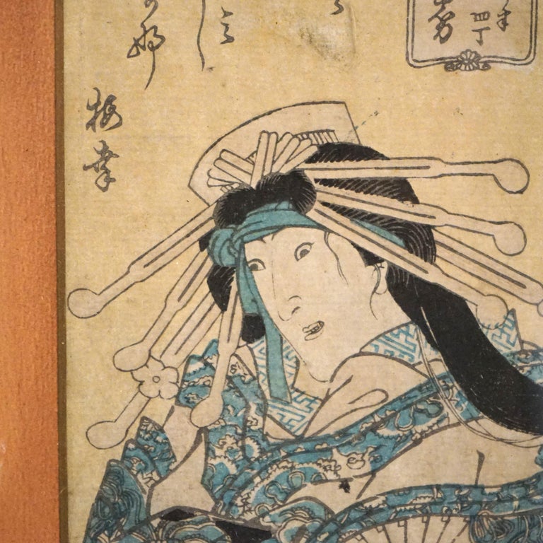 Antique Japanese Woodblock Print of Portrait by Kunisada, Framed, C1920