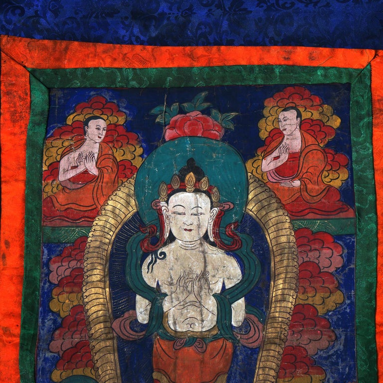 Antique Tibetan Hand Painted Silk and Canvas Thangka with Figures C1920