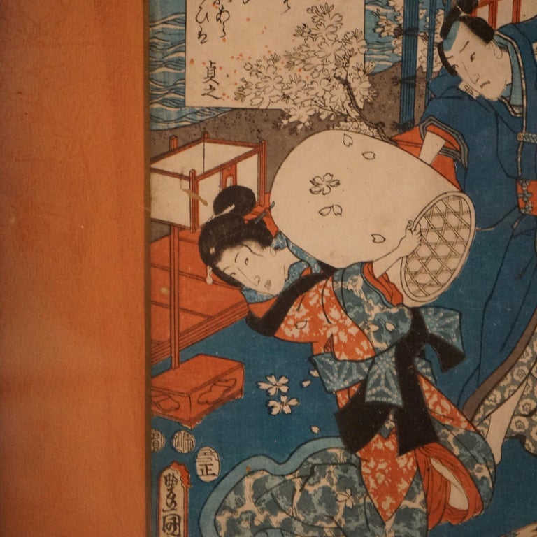 Antique Japanese Woodblock Print with Figures by Kunisada, Framed, C1920