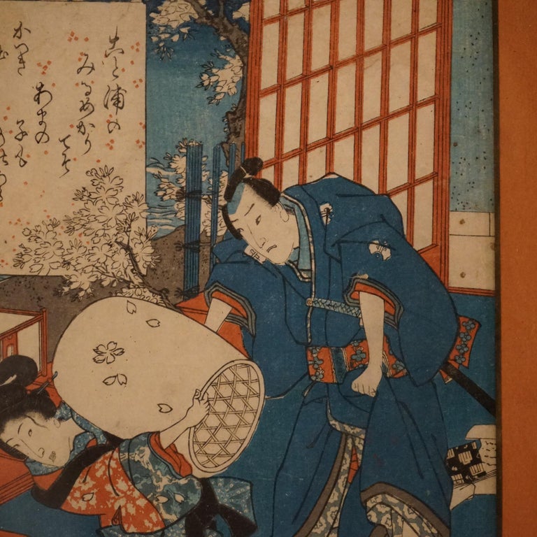 Antique Japanese Woodblock Print with Figures by Kunisada, Framed, C1920
