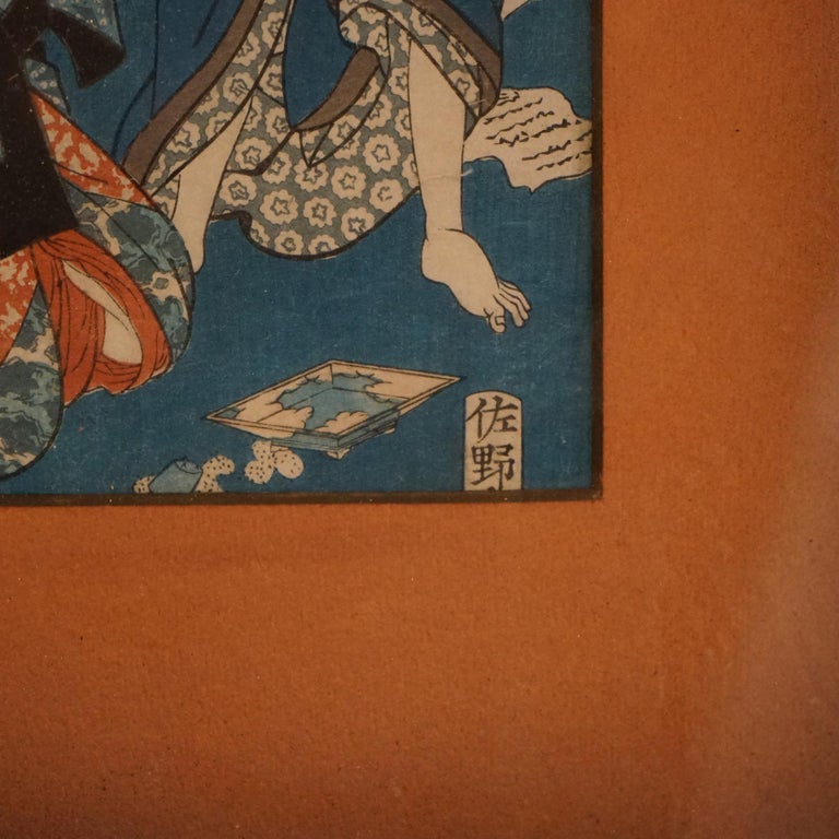 Antique Japanese Woodblock Print with Figures by Kunisada, Framed, C1920