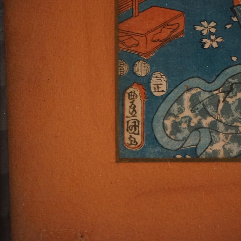 Antique Japanese Woodblock Print with Figures by Kunisada, Framed, C1920