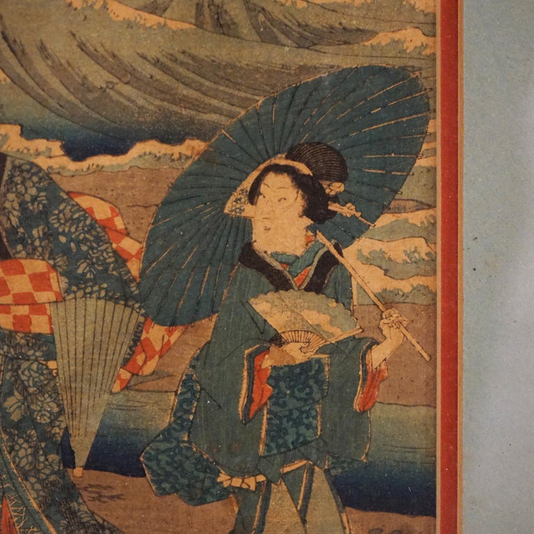 Antique Japanese Woodblock Print by Sadatora, Exterior Genre Scene, C1920