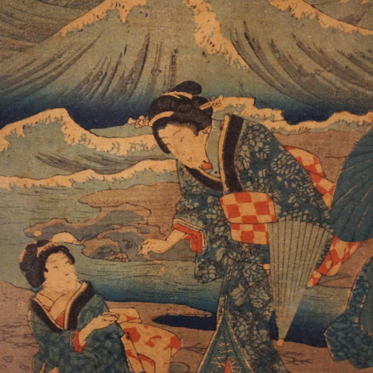 Antique Japanese Woodblock Print by Sadatora, Exterior Genre Scene, C1920