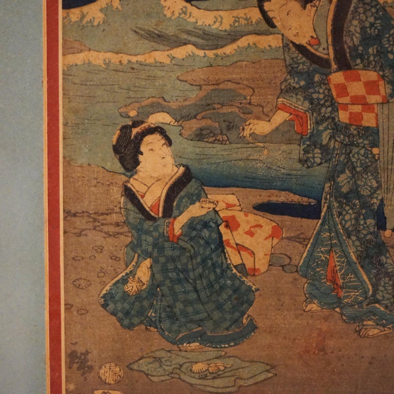 Antique Japanese Woodblock Print by Sadatora, Exterior Genre Scene, C1920