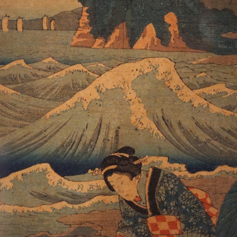 Antique Japanese Woodblock Print by Sadatora, Exterior Genre Scene, C1920